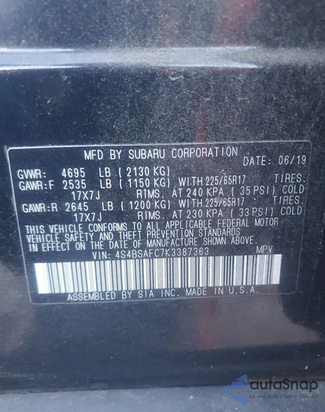 2019 Subaru Outback 2.5I Premium из США, поврежденный, VIN 4S4BSAFC7K3387363